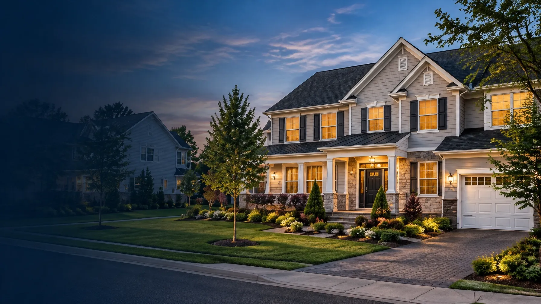 Welcoming home in a New Jersey neighborhood at dusk